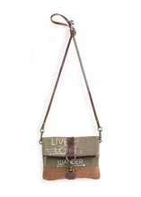 Load image into Gallery viewer, Mona B. Live Love Wander Bag Up-cycled Canvas Cross-body Bag with Vegan Leather Trim