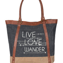 Load image into Gallery viewer, Mona B. Live Love Wander Bag Up cycled and Recycled Canvas Tote Bag with Vegan Leather Trim M-3701