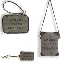 Load image into Gallery viewer, Mona B. Dream Create Inspire Up-cycled and Re-cycled Canvas Cross-body with Vegan Leather Trim