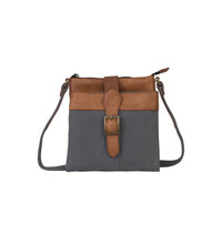 Load image into Gallery viewer, Mona B. Intermix Convertible Up-cycled Canvas Cross-body Bag with Vegan Leather Trim
